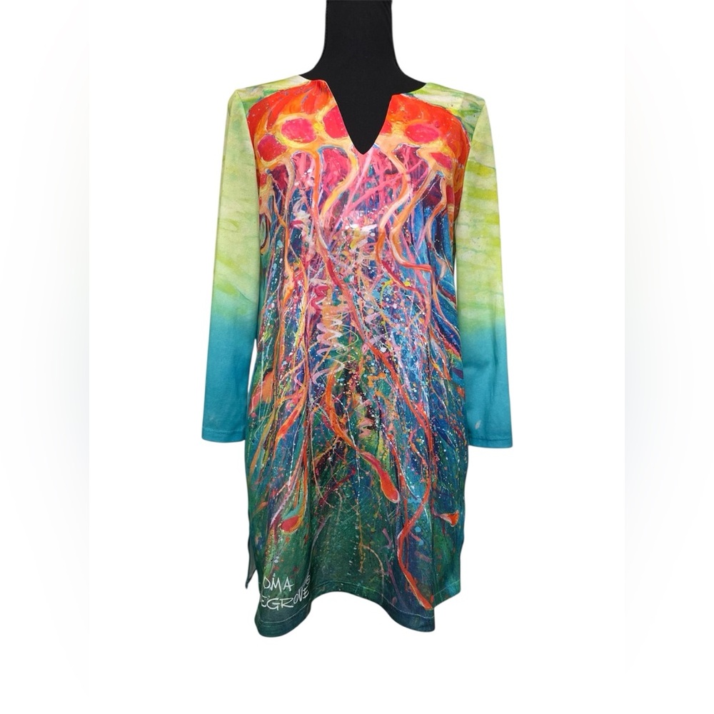 Leoma Lovegrove Jellyfish V-Neck Tunic Colorful 3/4 Sleeve Small Wearable Art